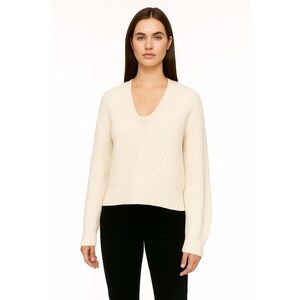 VGUC Brochu Walker Cashmere Wool Blend  Woven Striped Off White V Neck Sweater M